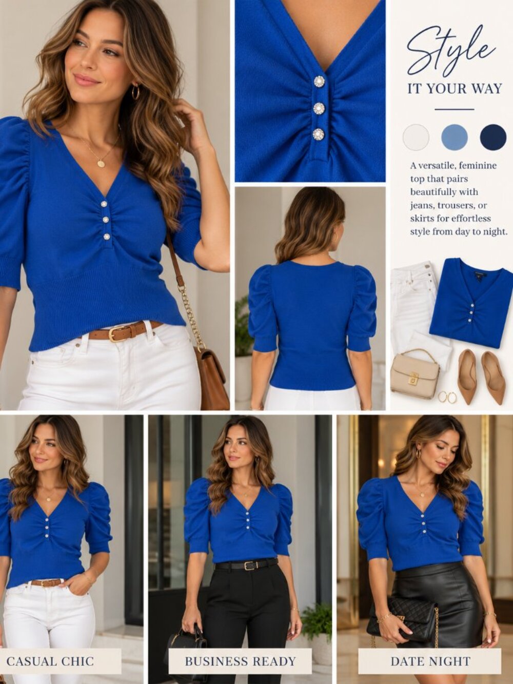 INC International Concepts Cobalt Blue Puff Sleeve Rhinestone Button Sweater